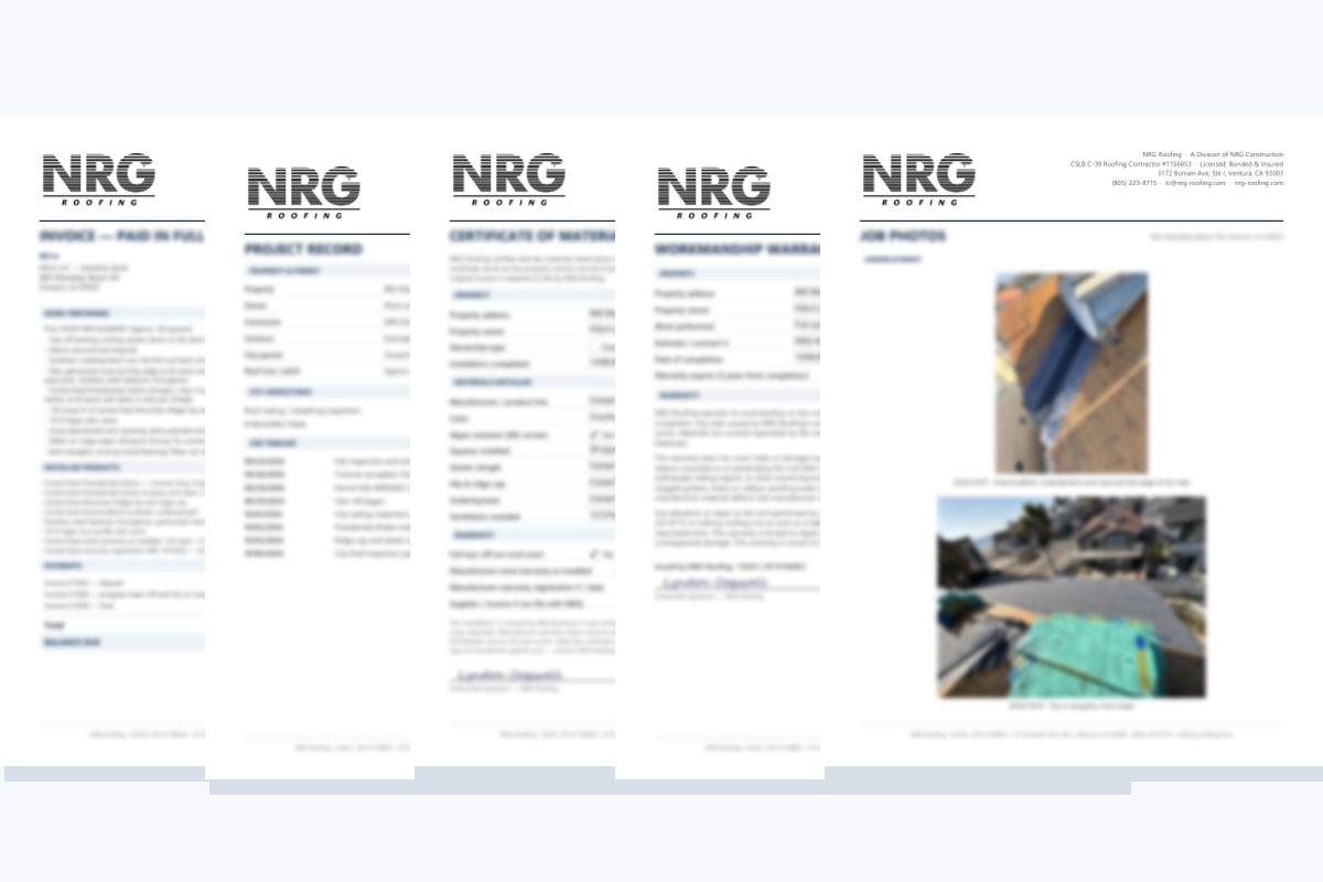 Pages of an NRG Roofing closeout packet: paid-in-full statement, project record, certificate of materials, workmanship warranty and captioned job photos