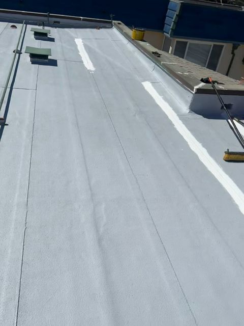 Three-course seam treatment (mastic, mesh, mastic) around a skylight before silicone coating, Malibu, NRG Roofing