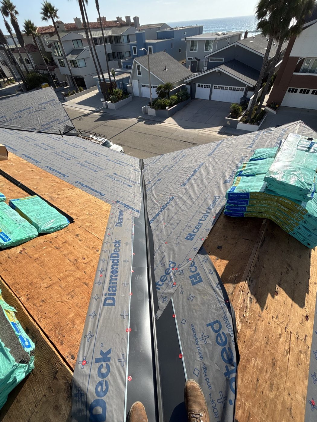 New valley metal installed over underlayment on an Oxnard re-roof by NRG Roofing