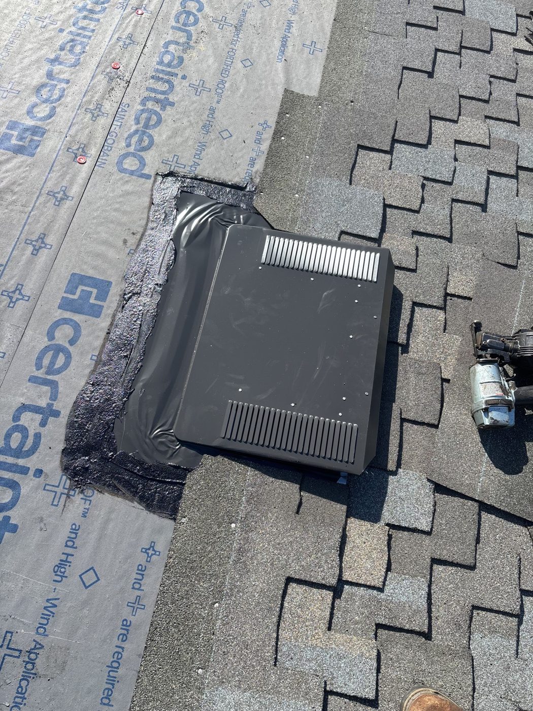 O'Hagin low-profile attic vent flashed into the underlayment, Oxnard re-roof by NRG Roofing