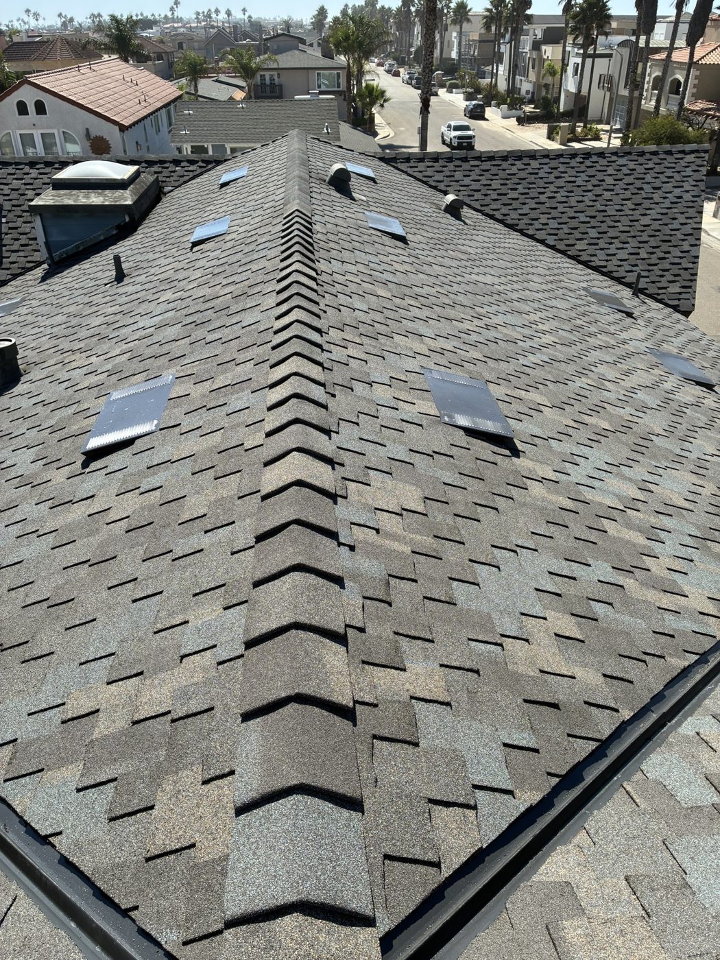 Finished Mountain Ridge cap line and vents on an Oxnard re-roof by NRG Roofing