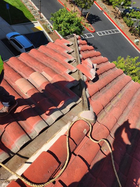 Leaking tile roof section above a condo unit before repair, Oxnard HOA, NRG Roofing