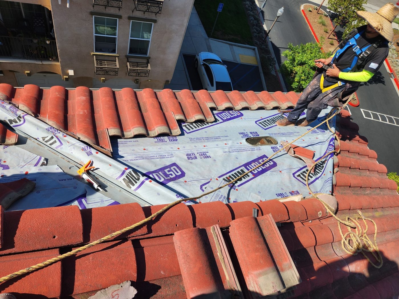 Titanium UDL50 underlayment installed before tile re-set at an Oxnard condo community, NRG Roofing