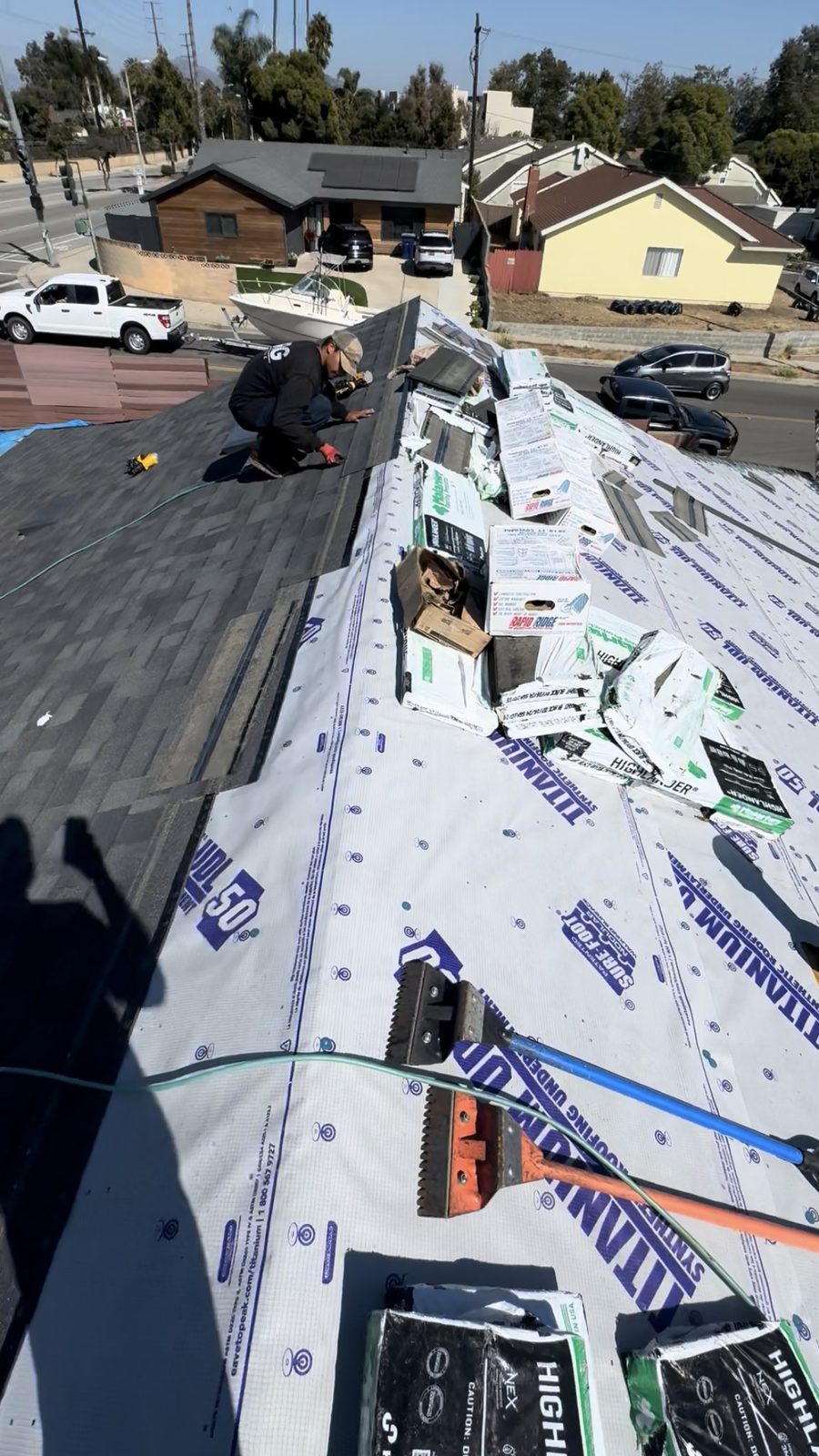 Synthetic titanium underlayment and shingle installation in progress by NRG Roofing in Ventura County