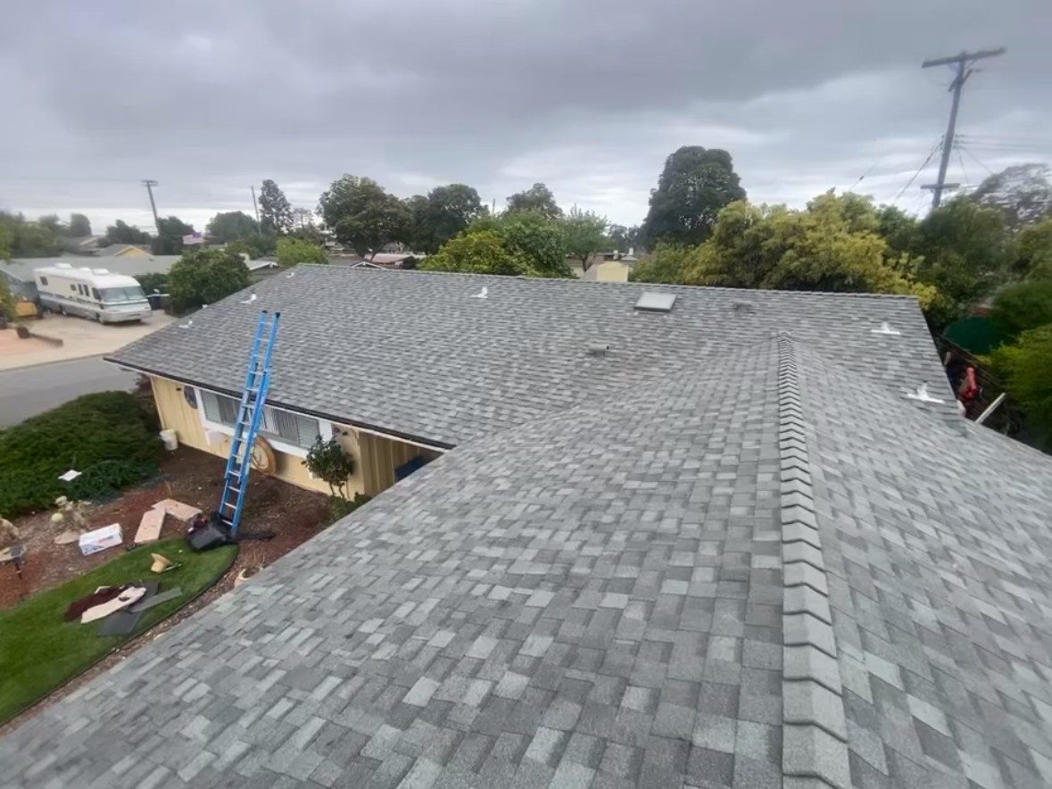 Completed gray architectural shingle roof seen from above on a Ventura County home by NRG Roofing