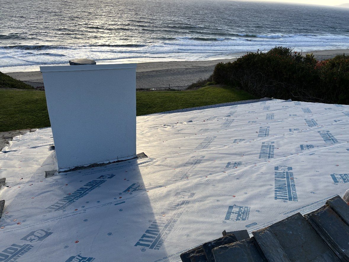 Synthetic roofing underlayment installed on an oceanfront home by NRG Roofing in Ventura County